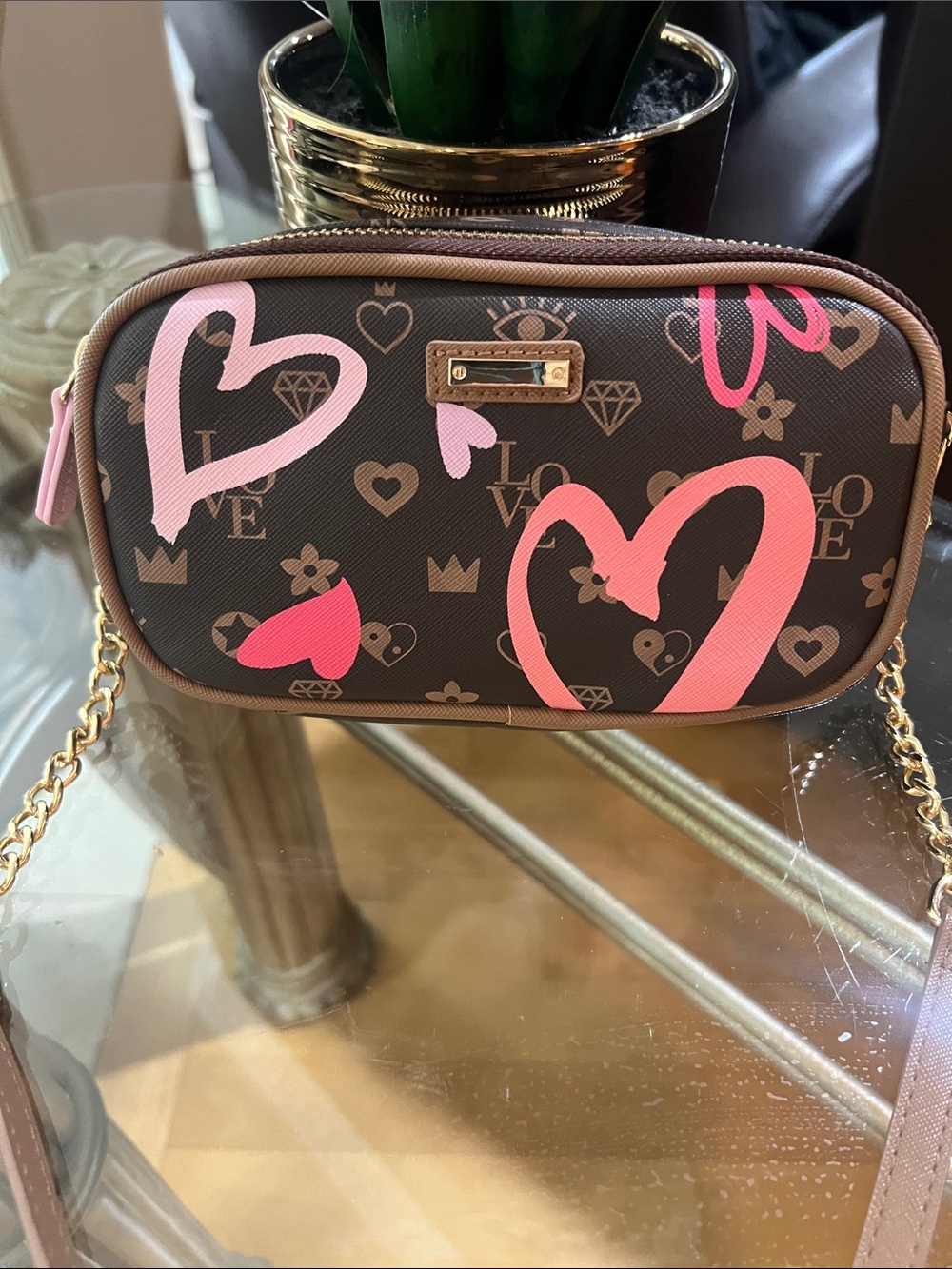 Claire's Brown Crossbody Bag with Pink Heart Print